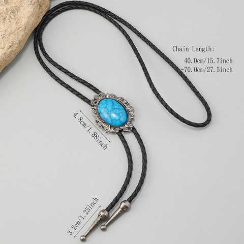 Vintage Western Cowboy Bolo Tie With Artificial Turquoise Pendant Engraved Alloy PU Leather Braid Adjustable Neck Tie Necklace Unisex Jewelry