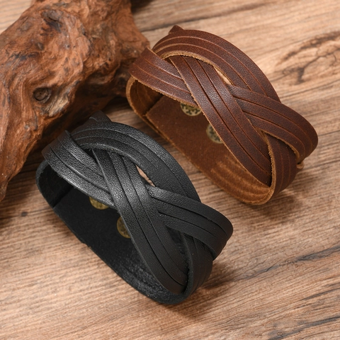 Bracciale da Uomo Retrò Intrecciato a Mano in Pelle di Vacca Regolabile Punk Polsino Largo Con Fibbie in Metallo Gioielli