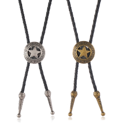 Retro Western Cowboy Bolo-das Vijfpuntige Ster Legering Hanger Gevlochten PU-leren Touw Verstelbare Ketting Voor Unisex