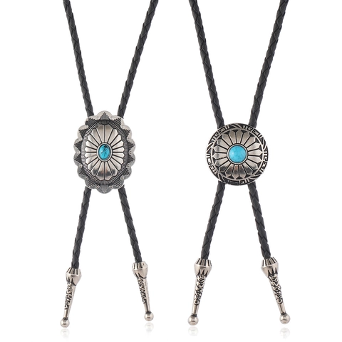 Vintage Bohemian Artificial Turquoise Flower Bolo Tie Adjustable PU Leather Cord Western Cowboy Necktie For Men Women Handmade Pendant Necklace