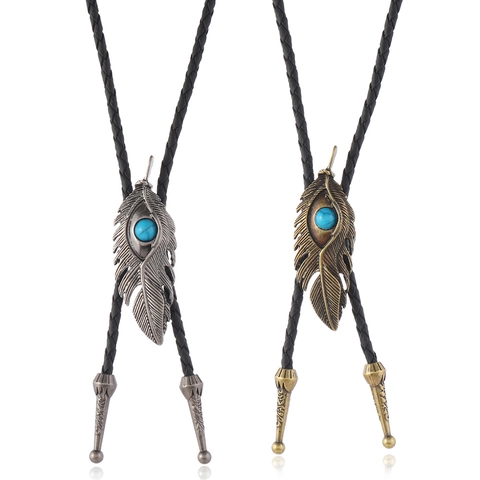 Retro Western Bolo Tie With Feather Pendant Artificial Turquoise Braided Artificial Leather Cord Adjustable Necktie For Unisex