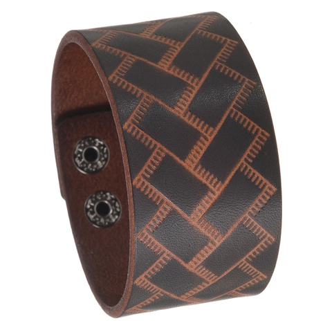 Vintage Punk Breites Lederarmband Für Herren Rindsleder Geometrisches Webmuster Armreif Mit Doppel-Druckknopf Armband Schmuck