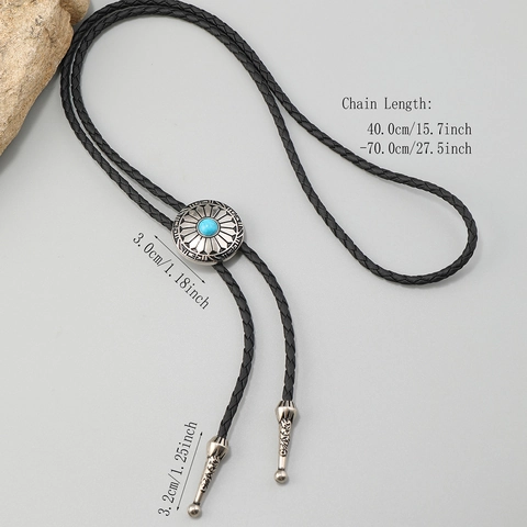 Vintage Bohemian Artificial Turquoise Flower Bolo Tie Adjustable PU Leather Cord Western Cowboy Necktie For Men Women Handmade Pendant Necklace