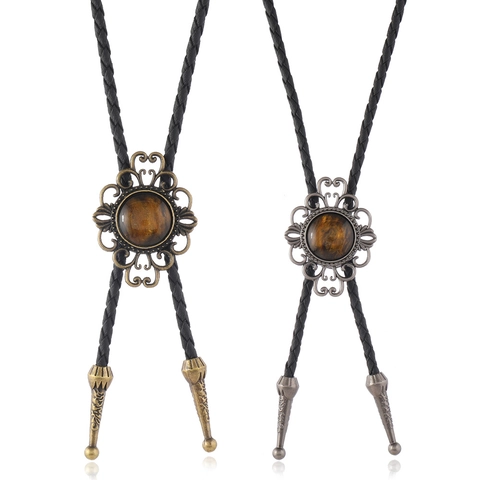 Vintage Western Bolo Tie Voor Mannen Vrouwen Legering Bloem Hanger Met Kunstleer Gevlochten Touw Retro Cowboy Stropdas Sieraden