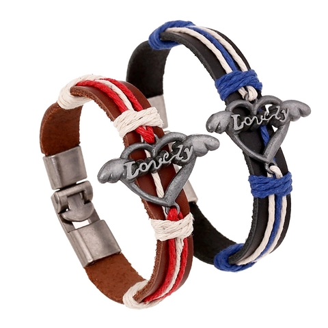 Set Bracciali Coppia in Vera Pelle Retrò per Uomo Donna Fatto a Mano Lega Cuore Ala Lovely Inciso Intrecciato Punk Gioielli