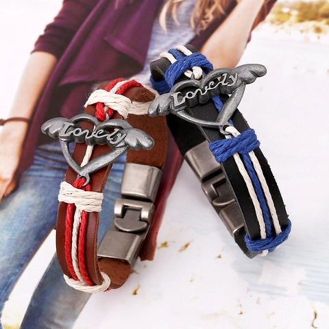 Set Bracciali Coppia in Vera Pelle Retrò per Uomo Donna Fatto a Mano Lega Cuore Ala Lovely Inciso Intrecciato Punk Gioielli