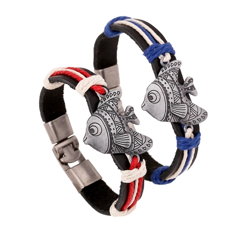 Bracciale in Pelle Intrecciata Vintage Etnico Ciondolo a Pesce in Lega Stile Punk Gioielli per Coppie Regalo Polsino Fatto a Mano