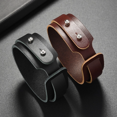 Bracciale Vintage da Uomo in Vera Pelle a Fascia Minimalista a Due Giri Punk Regolabile in Lega con Borchie Gioielli