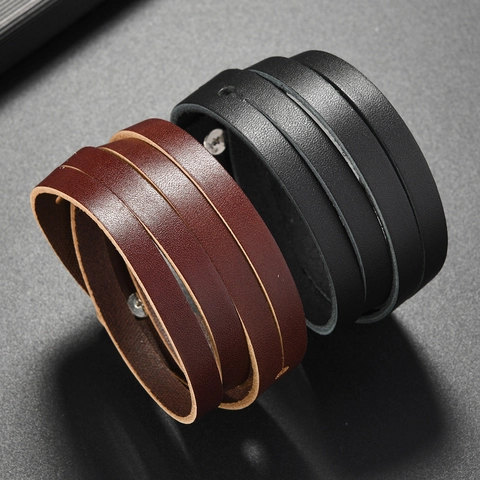 Vintage Rindsleder Mehrlagiges Wickelarmband Für Damen Herren Handgefertigt Legierung Knopf Verstellbares Retro Punk Manschettenarmband