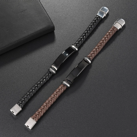 Pulsera de Cuero PU Trenzado para Hombre Cierre de Placa de Metal de Acero Inoxidable Joyería de Moda Informal de Negocios