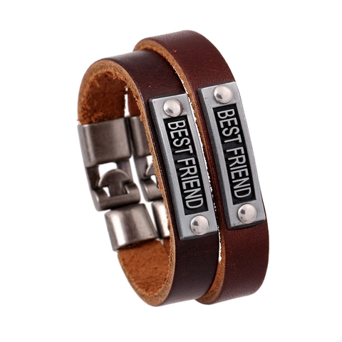 Vintage Best Friend Echt Leren Armband Voor Koppels Legering Metalen Plaat Gegraveerd Letter Punk Stijl Polsband Sieraden Cadeau