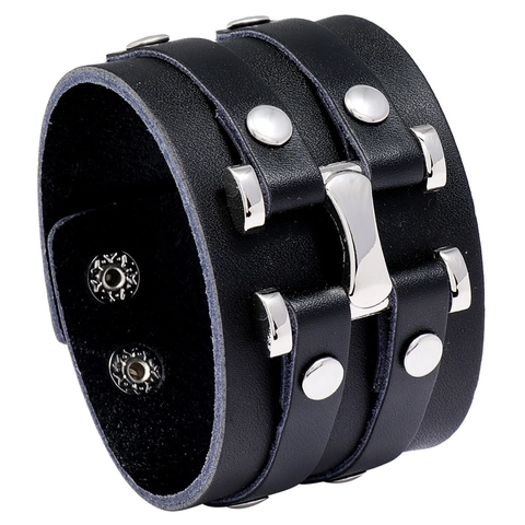 Bracelet en Cuir de Vachette Large Punk pour Hommes Rétro Fait à la Main Alliage Rivets Manchette Bangle Bijoux Rock Noir Brun