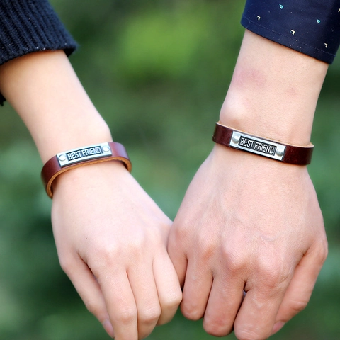 Vintage Best Friend Echt Leren Armband Voor Koppels Legering Metalen Plaat Gegraveerd Letter Punk Stijl Polsband Sieraden Cadeau