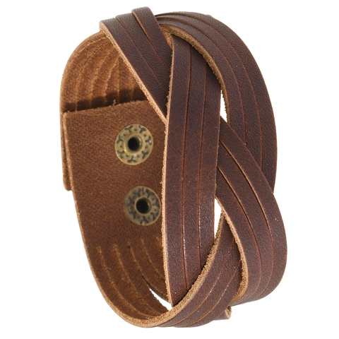 Bracciale da Uomo Retrò Intrecciato a Mano in Pelle di Vacca Regolabile Punk Polsino Largo Con Fibbie in Metallo Gioielli