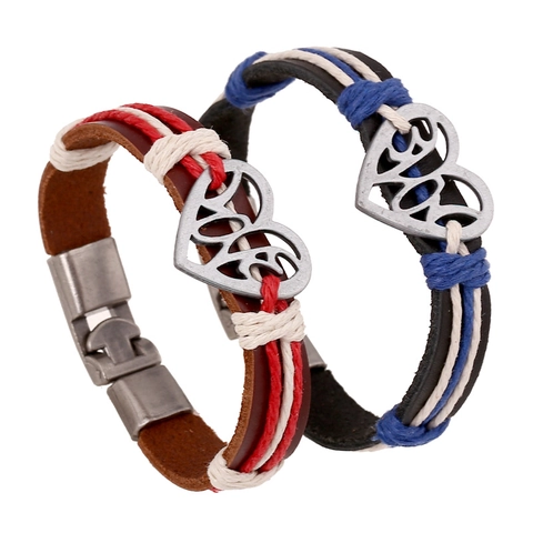 Pulsera de Piel de Vaca Trenzada a Mano Punk Vintage para Parejas Colgante de Corazón Hueco Love Multicapa Joyería de Muñeca