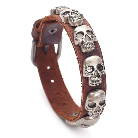 Bracciale in Pelle Punk con Teschio per Uomo Donna Retrò Regolabile in Pelle di Vacca Lega Rivetto Cinturino Gotico Rock Stile Gioielli