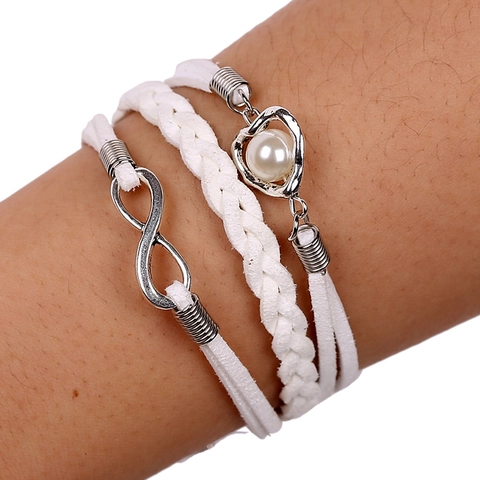 Damen Weiß Mehrlagiges Geflochtenes Armband Legierung Unendlichkeit Herz Anhänger Mit Künstlicher Perle PU Leder Wachsseil Schmuck