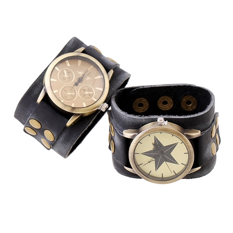 Orologio da Polso da Uomo Retro Punk in Pelle Larga Cinturino Vintage Borchie Quarzo Polsino Orologio Geometrico Motivo a Stella Gioielli Moda