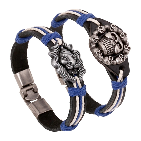 Bracciale da Uomo in Pelle di Vacchetta Punk Lega Teschio Testa di Leone Intrecciato Multistrato Vintage Fatto a Mano Gioielli Regalo