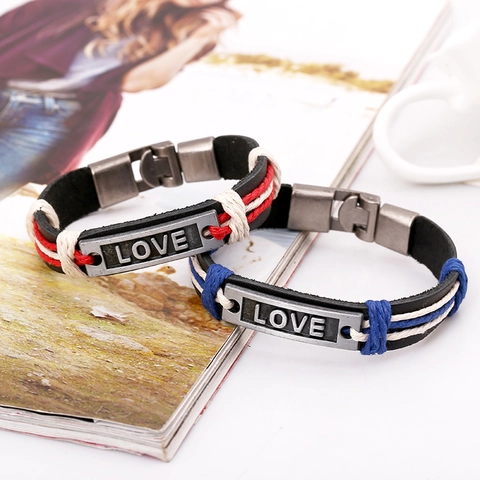 Bracciale in Vera Pelle di Vacchetta Intrecciato a Mano per Coppie Con Piastra Metallica Love Gioielli Regalo Stile Punk Retro