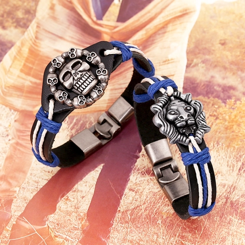 Bracciale da Uomo in Pelle di Vacchetta Punk Lega Teschio Testa di Leone Intrecciato Multistrato Vintage Fatto a Mano Gioielli Regalo