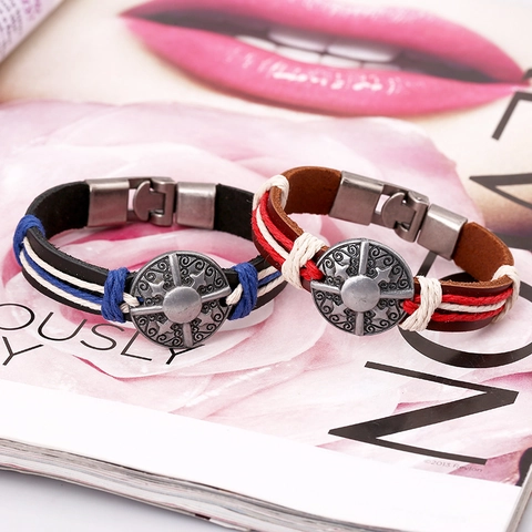 Pulsera de Cuero Trenzado Retro Para Hombres Mujeres Abalorio de Aleación Artesanal Estilo Punk Joyería de Pareja Pulsera Envolvente