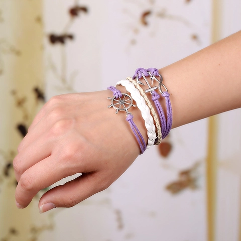 Pulsera de Aleación Tejida a Mano de Varias Capas Náutica Vintage Con Dijes de Ancla Timón Infinito y Cuero Artificial Púrpura Blanco