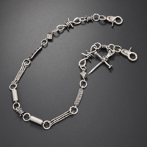 Cadena de Pantalones de Metal Punk Gótico para Hombres Mujeres Cadena de Cartera en Tono Plateado Con Calavera Cruz Dados Alambre de Espino Joyería de Moda