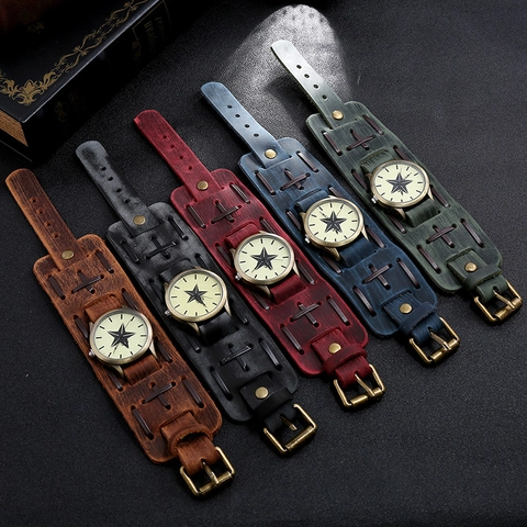 Men Vintage Punk Style Wide Genuine Leather Strap Watch Alloy Case Star Pattern Dial Quartz Cuff Wristwatch Retro Bracelet Watch