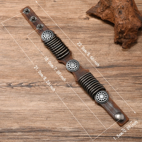 Bracciale in Pelle Retro Punk per Uomo Donna Pelle di Vacchetta Lega Motivo Sole Rock Bangle Regolabile Bottone a Pressione