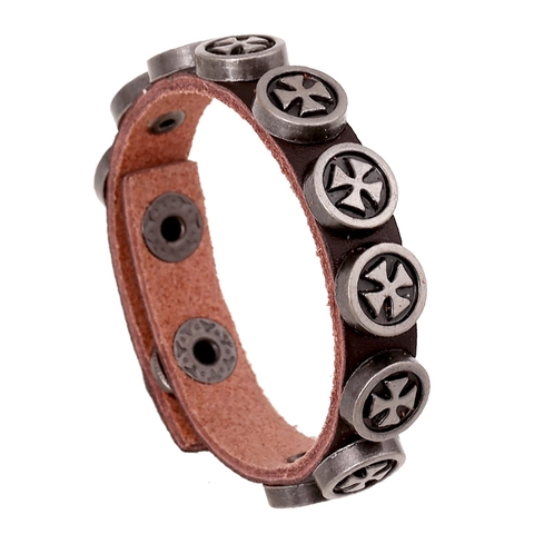 Pulsera de Cuero Vintage Punk para Hombres Mujeres Brazalete Ancho Ajustable Con Remaches de Metal Cruz Accesorio de Joyería de Moda