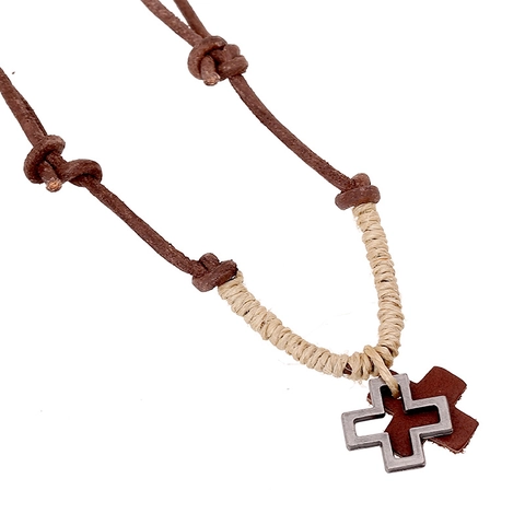 Collana con Pendente a Croce in Pelle di Vacca Fatta a Mano Vintage per Uomo Donna Corda di Canapa Regolabile Lega Gioielli Punk Retro