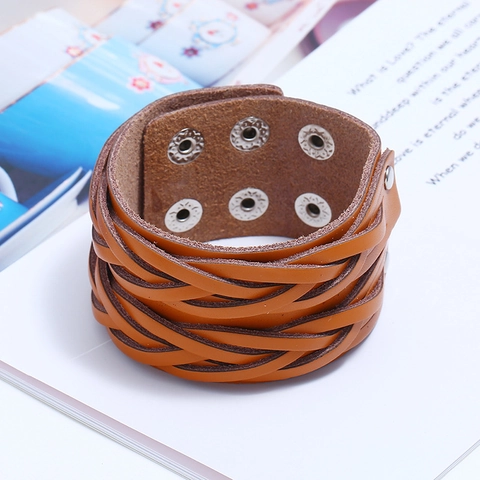 Bracciale da Uomo Punk Rétro in Vera Pelle di Vacchetta Intrecciata Largo a Più Strati con Fibbia in Metallo Regolabile