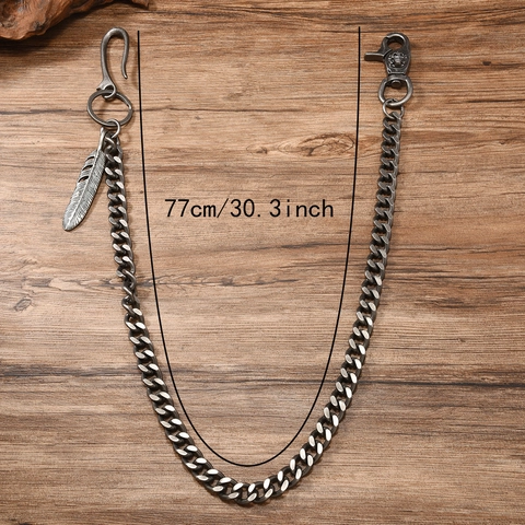 Punk Rock Hip Hop Wallet Chain Retro Piuma Ciondolo Catena da Vita Heavy Metal Catena per Pantaloni Argento Antico Unisex