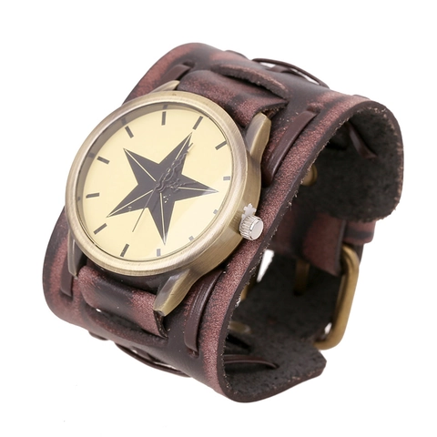 Men Vintage Punk Style Wide Genuine Leather Strap Watch Alloy Case Star Pattern Dial Quartz Cuff Wristwatch Retro Bracelet Watch