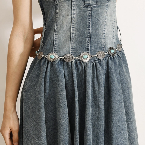 Cadena de Cintura de Metal Turquesa Vintage Bohemio para Mujer Retro Girasol Grabado Ajustable Joyería de Vestido Aleación Plata