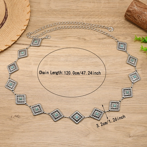 Bohemian Damen Vintage Metall Rauten Taillenkette Mit Türkis Harzperlen Antiksilber Ethno Stil Kette Gürtel