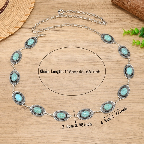 Bohemian Vintage Oval Artificial Turquoise Metal Chain Belt For Women Ethnic Adjustable Waist Chain Fashion Accessories