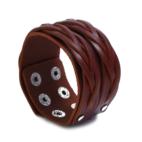 Bracciale da Uomo Punk Rétro in Vera Pelle di Vacchetta Intrecciata Largo a Più Strati con Fibbia in Metallo Regolabile