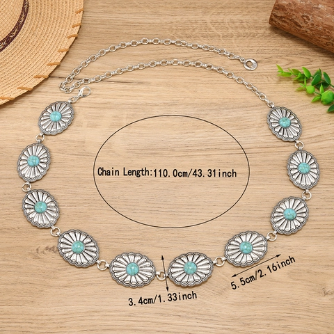 Cintura a Catena da Vita in Metallo Bohemian Vintage Con Maglie Intagliate a Fiore in Turchese Cintura Decorativa da Donna