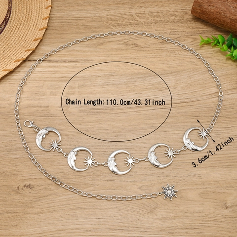 Cinturón de Cadena de Metal Aleación Plata Vintage Bohemio Luna Sol Colgante Celestial Hueco Cinturón para Vestido Mujer Joyería