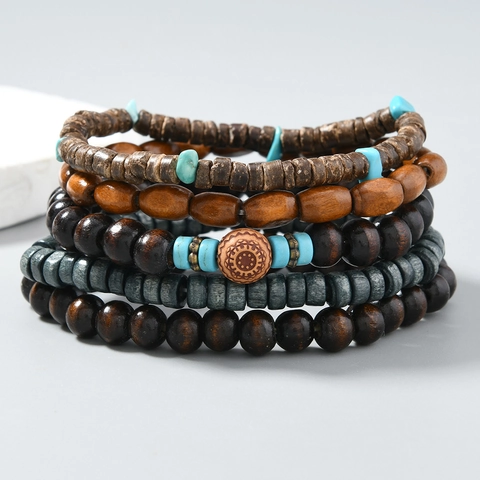 Bracciale a Perline Vintage Bohémien Set per Uomo Donna Fatto a Mano Multistrato in Legno Guscio di Cocco Turchese Artificiale Gioielli Elastici