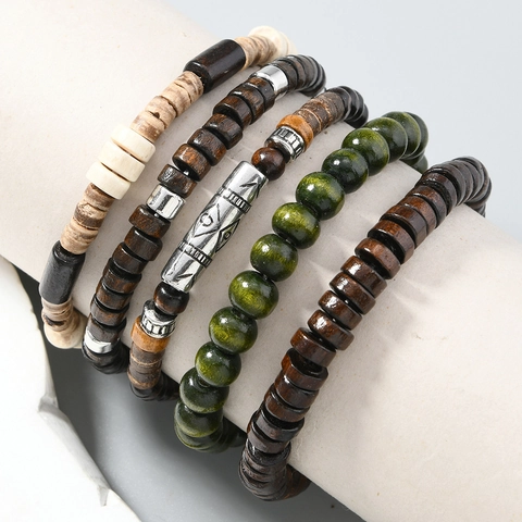 Vintage Ethnisch Handgefertigt Holzperlen Armband Mehrlagig Stapeln Kokosnussschale Elastischer Schmuck Für Herren Damen