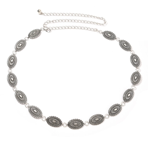 Cadena de Cintura de Metal Vintage Bohemio para Mujer Cinturón de Aleación Plata Antigua Ajustable Con Colgantes Ovalados en Relieve