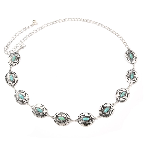 Catenina da Vita Vintage Bohémien in Metallo Argento Con Intarsio di Turchese Motivo a Raggiera per Donna Gioielli per Vestito Casual Jeans