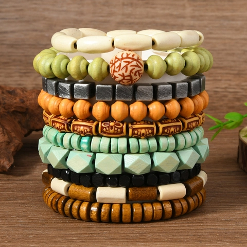 Bohemian Ethnic Vintage Handmade Wood Bead Multi-layer Elastic Beaded Wristband Fashion Jewelry Bracelet For Men Women