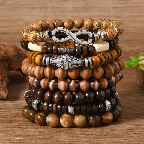 Vintage Wood Bead Bracelet Set For Men Women Bohemian Handmade Elastic String Infinity Charm Ethnic Multi Layer Bead Bracelets