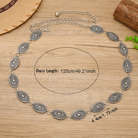 Cadena de Cintura de Metal Vintage Bohemio para Mujer Cinturón de Aleación Plata Antigua Ajustable Con Colgantes Ovalados en Relieve