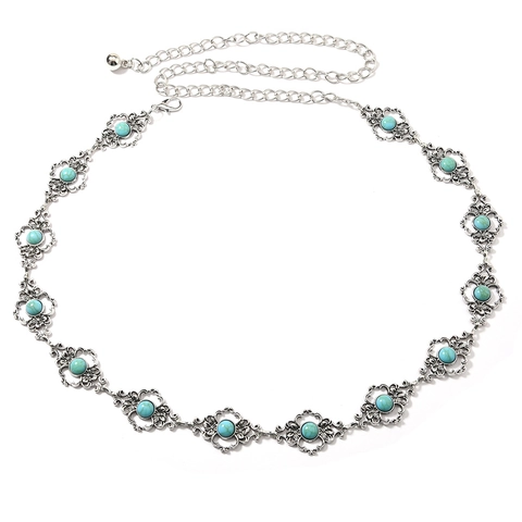 Catena da Vita in Metallo Turchese Vintage Bohemian per Donna Cintura in Lega a Fiori Cavi Etnici Placcata Argento Regolabile