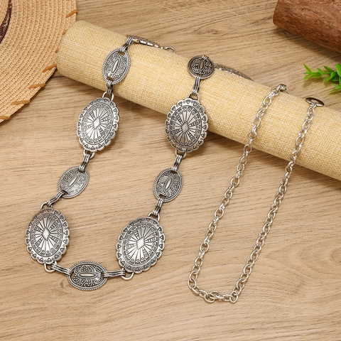 Cintura a Catena da Vita in Metallo Vintage Bohemien per Donna Stile Etnico Retro Argento Intagliato Motivo a Sole Catena Corpo Regolabile